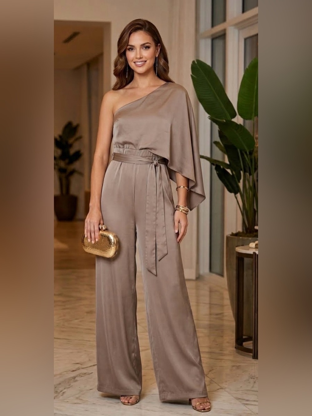 L'ATISTE One-Shoulder Taupe Jumpsuit with Draped Sleeve